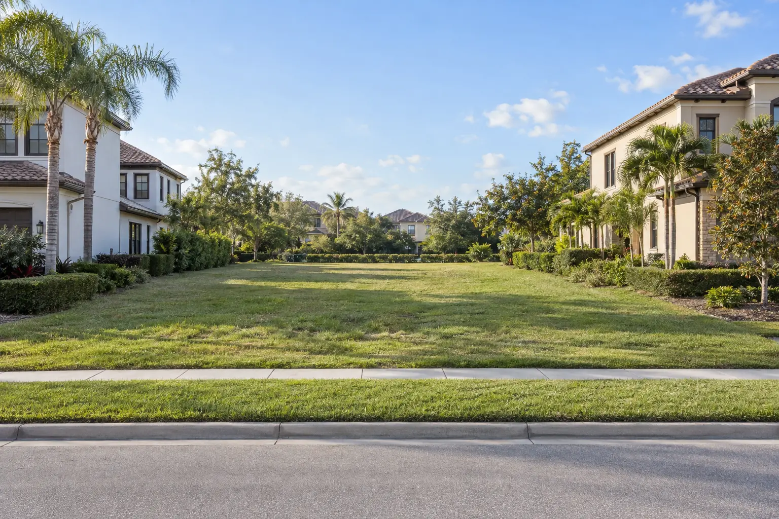 Illustrative vacant homesite between upscale Florida-style homes, showing street frontage, lot depth and neighboring architecture.