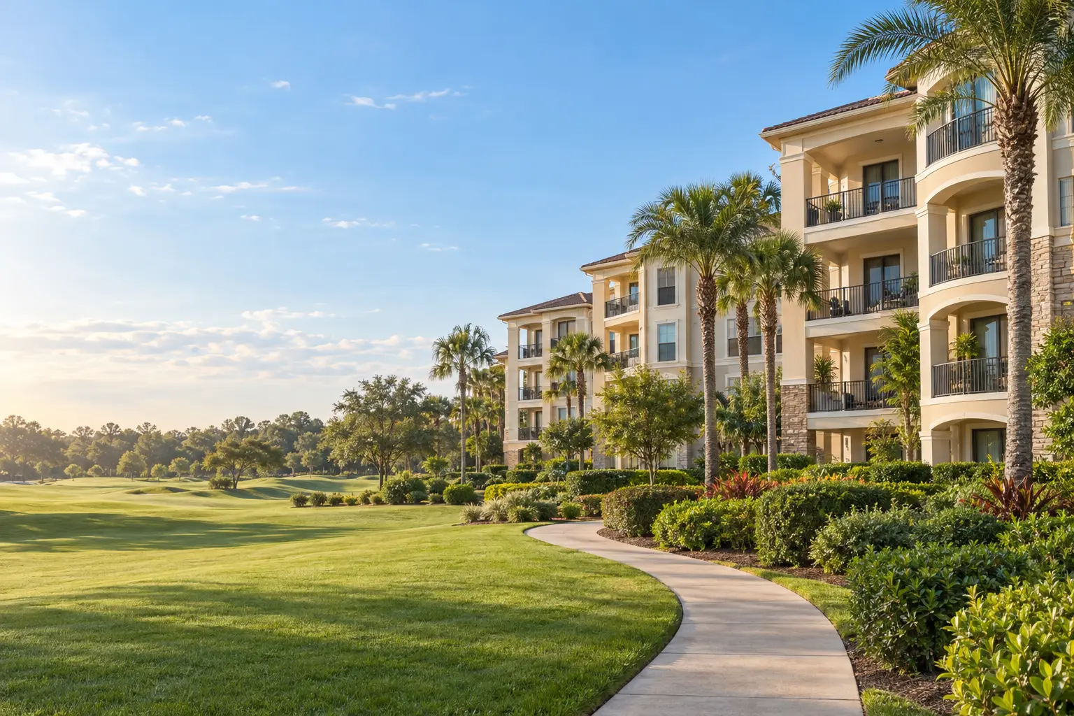 Illustrative Florida resort condominiums with balconies, palm trees and landscaped grounds beside an open green.