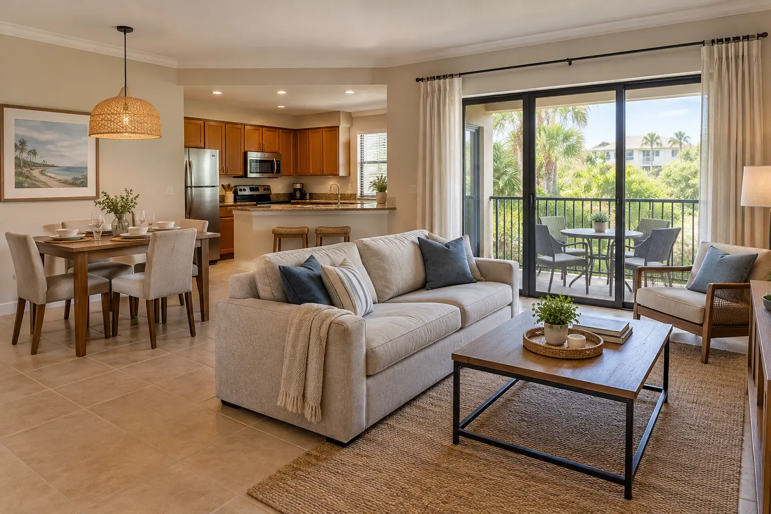 Illustrative Reunion-area condo interior with a living area, dining table, kitchen and open doors to a private balcony.
