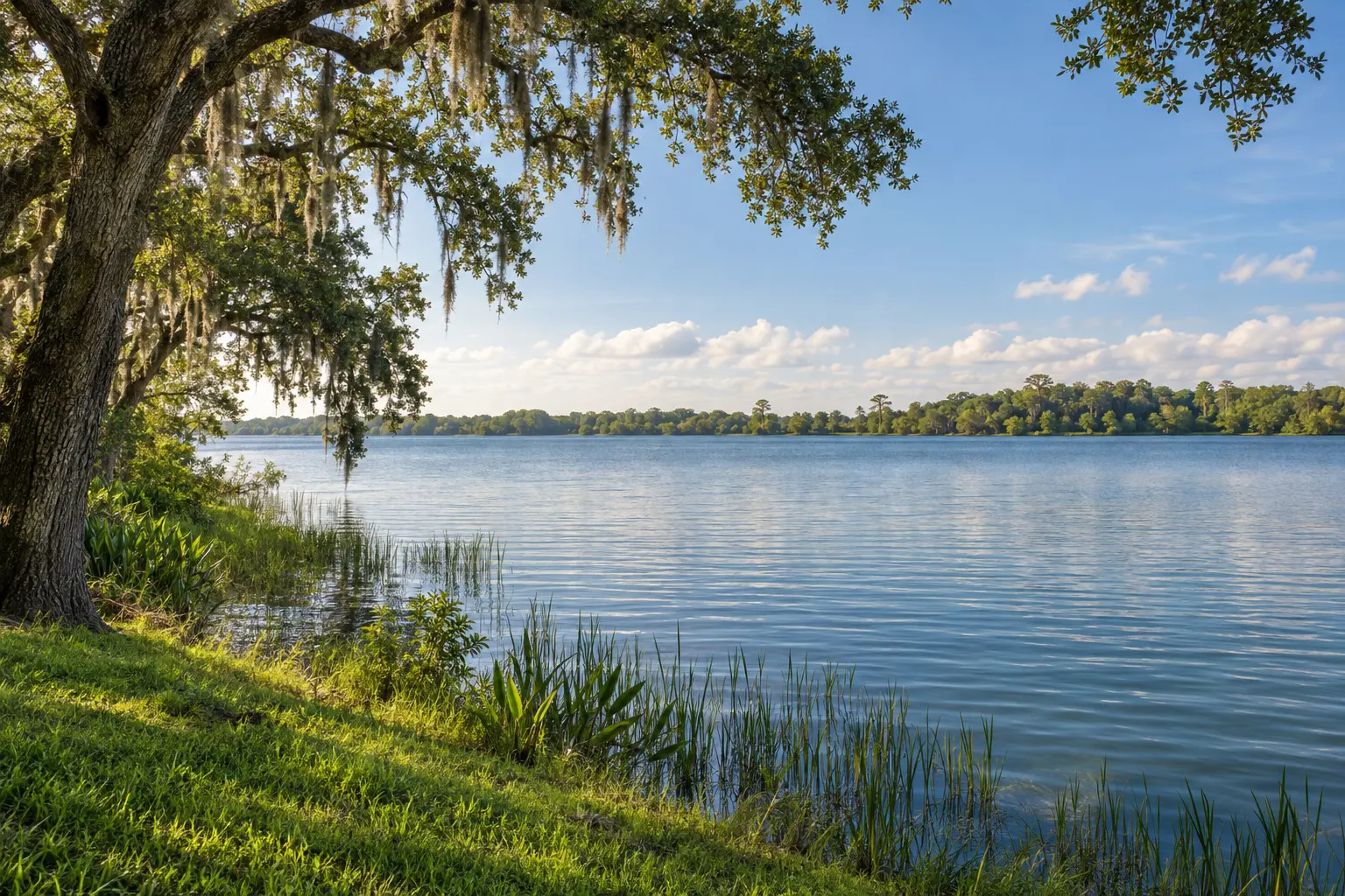 Illustrative Central Florida lake shoreline with mature trees, shoreline grasses and calm open water, evoking the Butler Chain near Windermere.