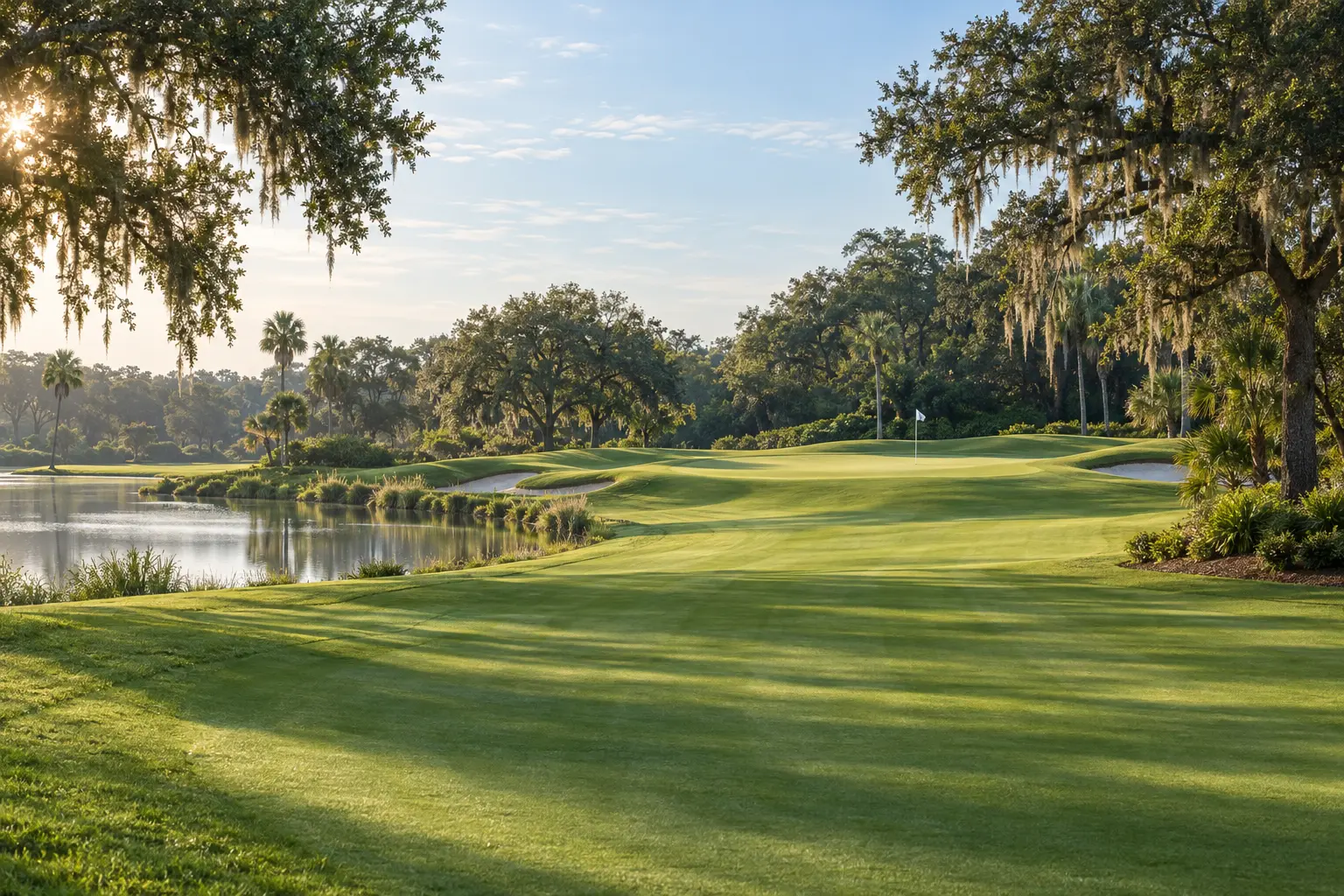 Illustrative Florida golf course scene with a manicured fairway, putting green and flag framed by mature trees in warm morning light.