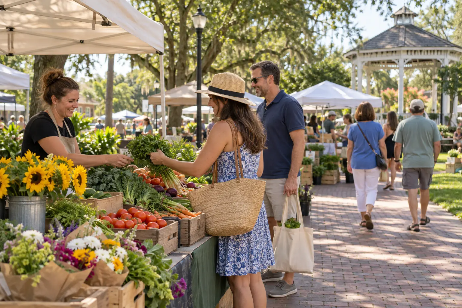 Illustrative Windermere farmers market scene with produce and flower stalls, shoppers and shaded green space.