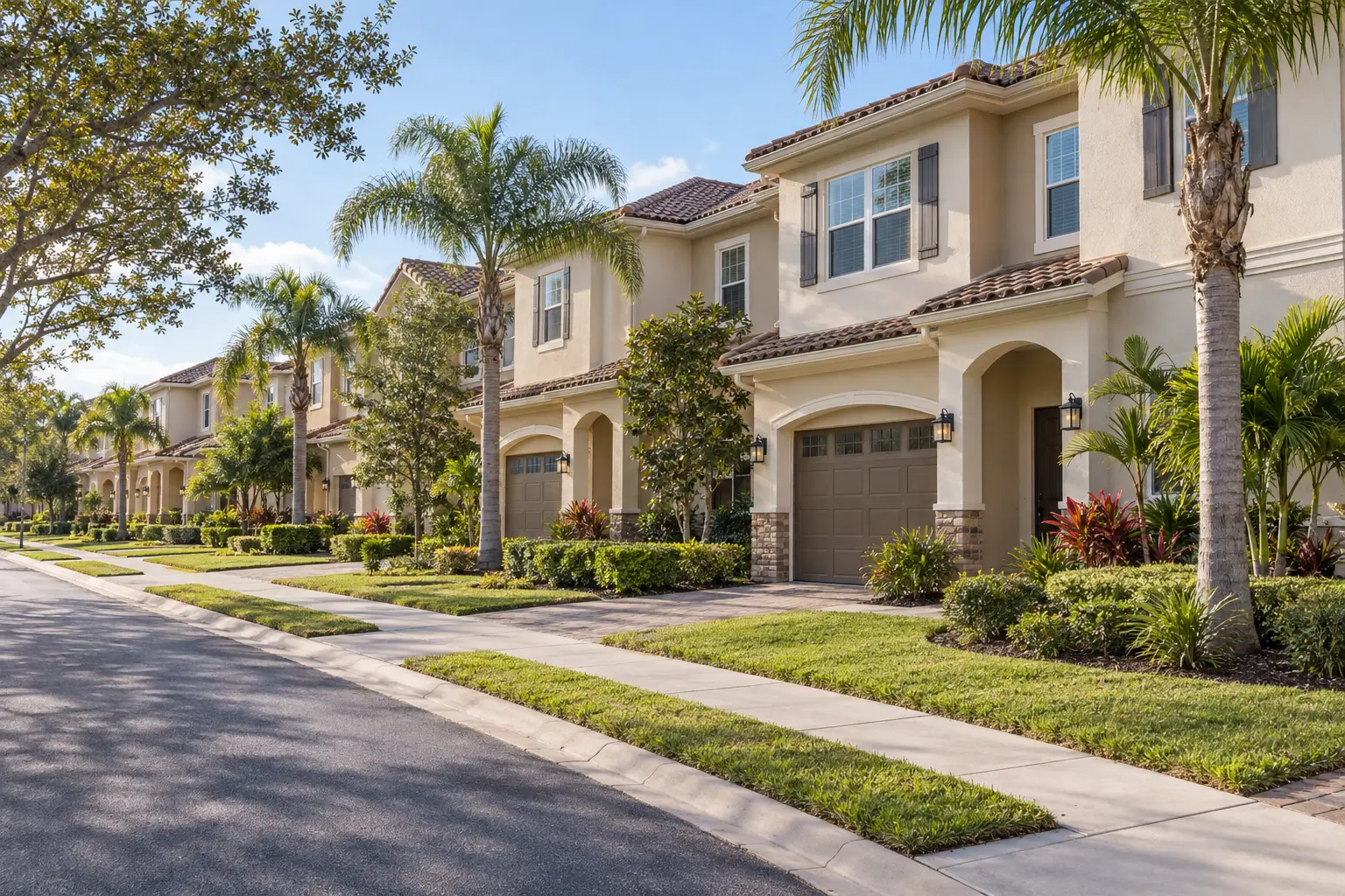 Illustrative Florida townhome streetscape with landscaped gardens, palms and a sidewalk beside attached two-story homes.