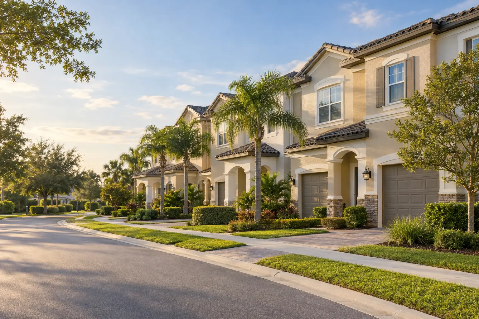 Illustrative Florida townhomes with attached garages, palm trees and landscaped grounds along a quiet residential street.