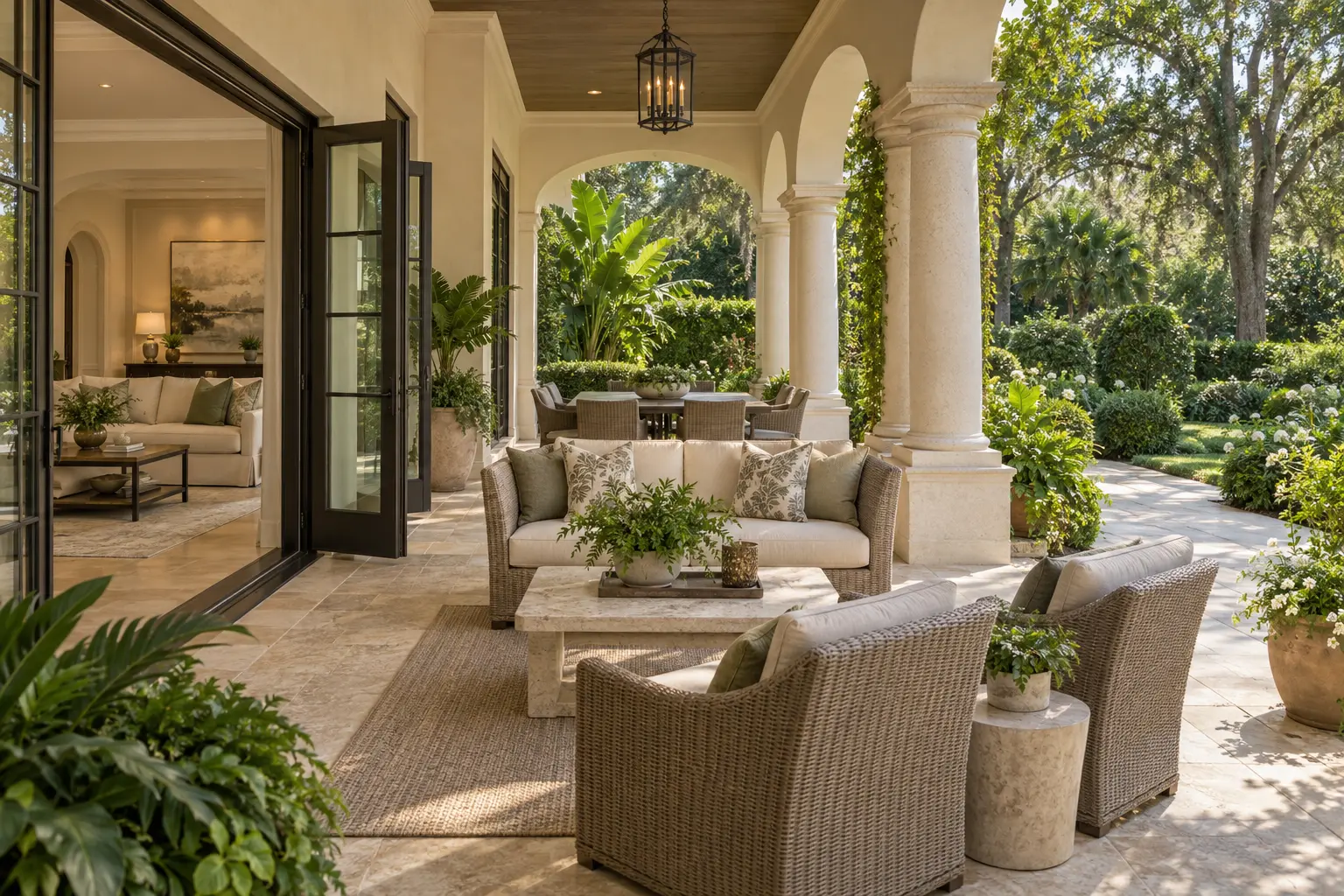 Illustrative Mediterranean-style villa lanai with shaded seating, outdoor dining and open doors connecting the interior to a landscaped garden.