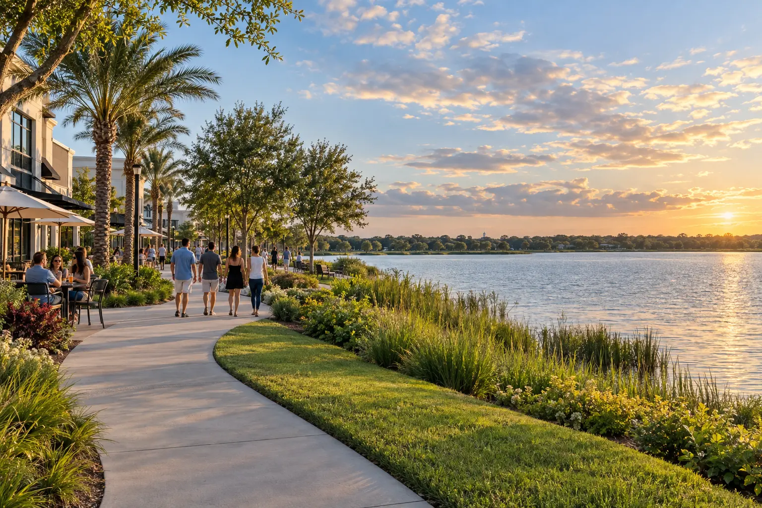 Illustrative lakefront town-center scene inspired by Hamlin, with people gathering beside calm water, landscaped paths and casual outdoor seating.