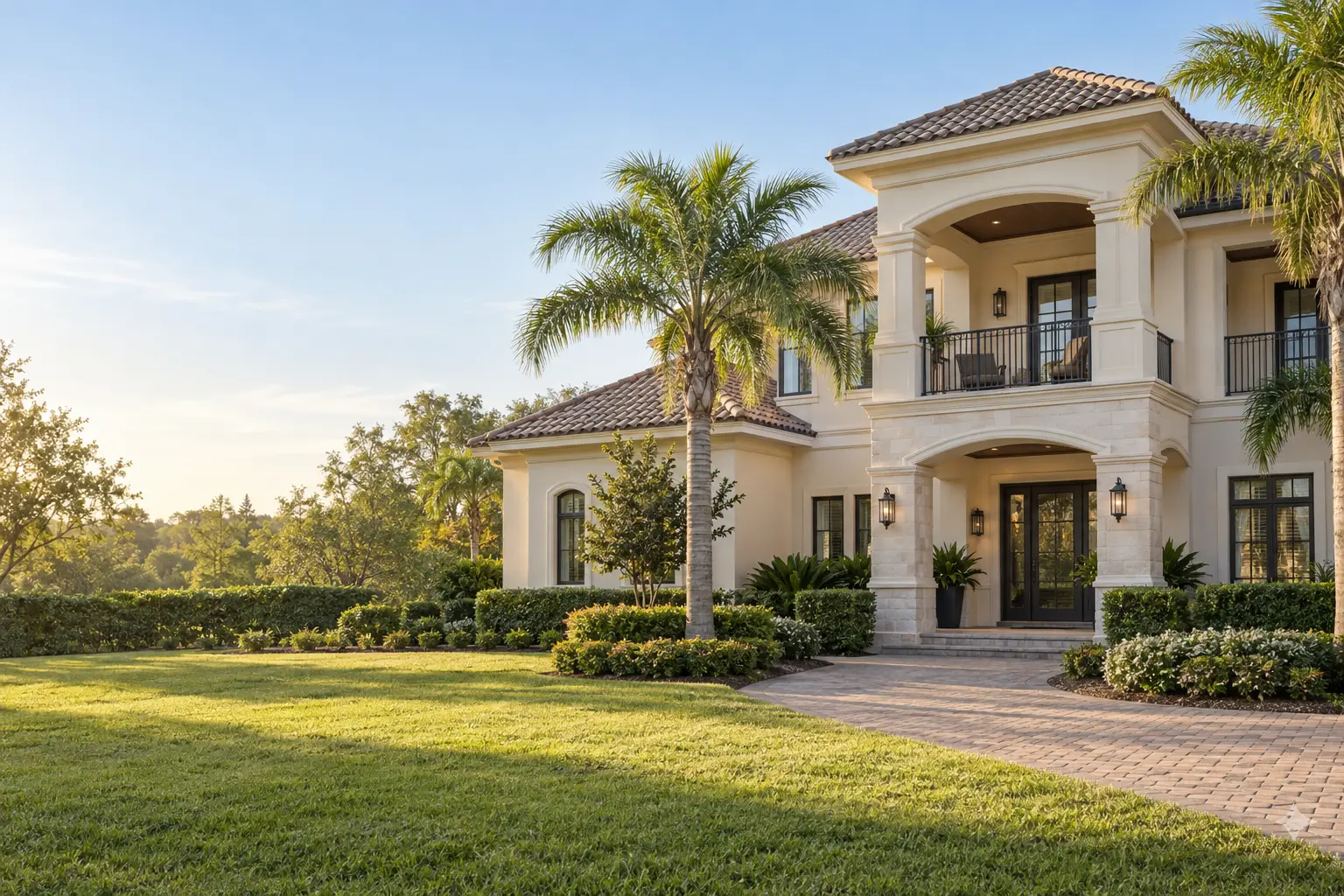 Illustrative Reunion Resort–inspired home with a tiled roof, palm trees and neatly maintained landscaping in warm Florida light.