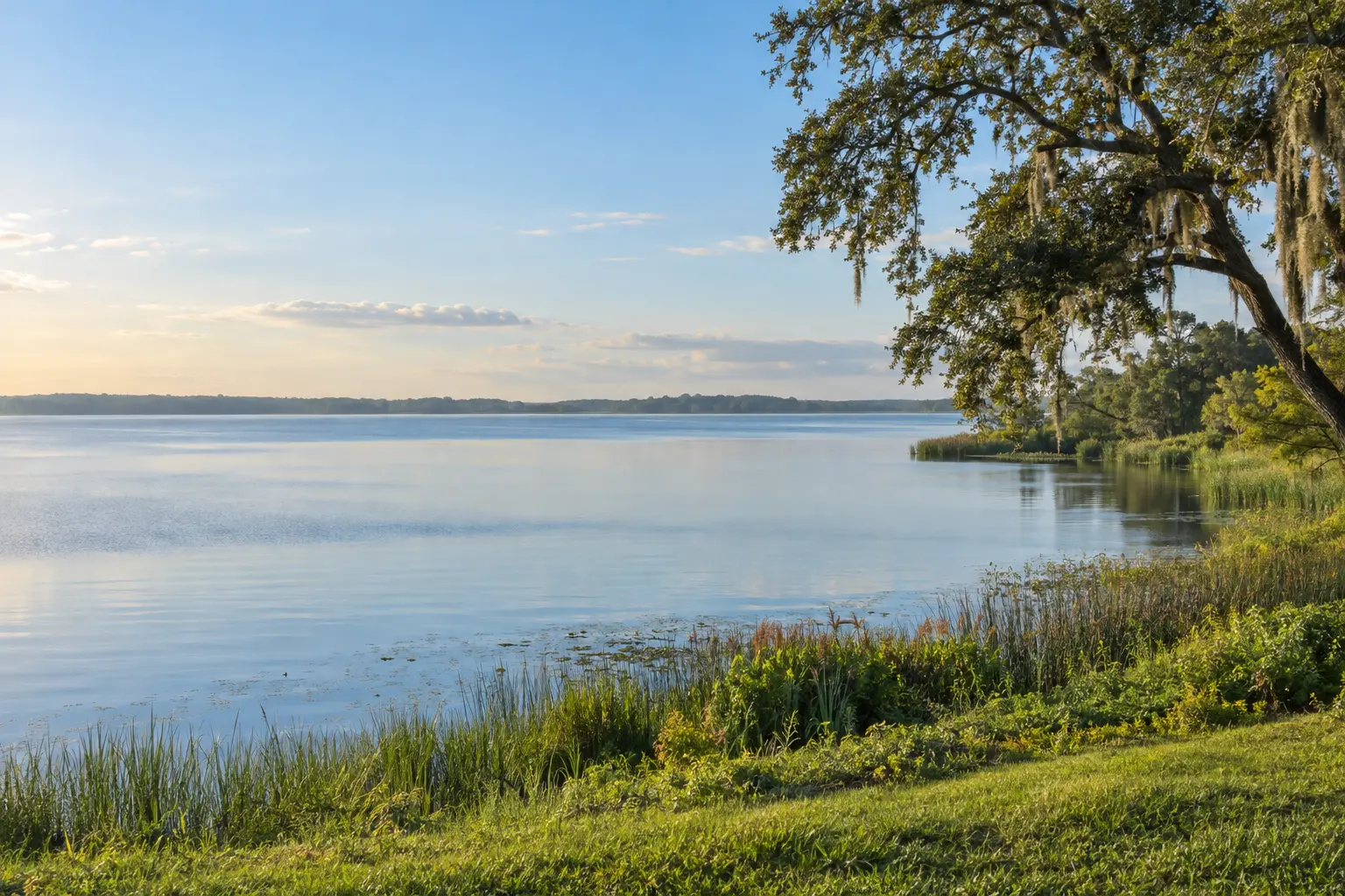 Illustrative lakeside landscape inspired by Montverde, with calm water, native shoreline greenery and spreading oak trees in soft morning light.