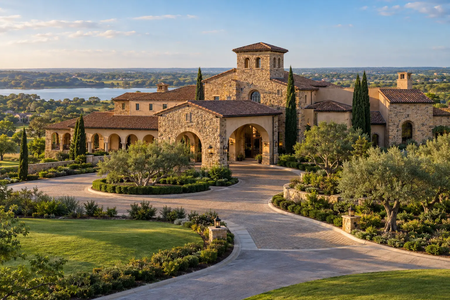 Illustrative view of Bella Collina’s Tuscan-inspired clubhouse, framed by landscaped greenery in the Montverde area.