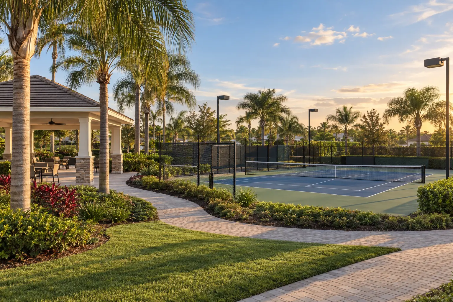 Illustrative resort recreation setting with a tennis court, shaded pavilion and palm-lined landscaping in Central Florida.