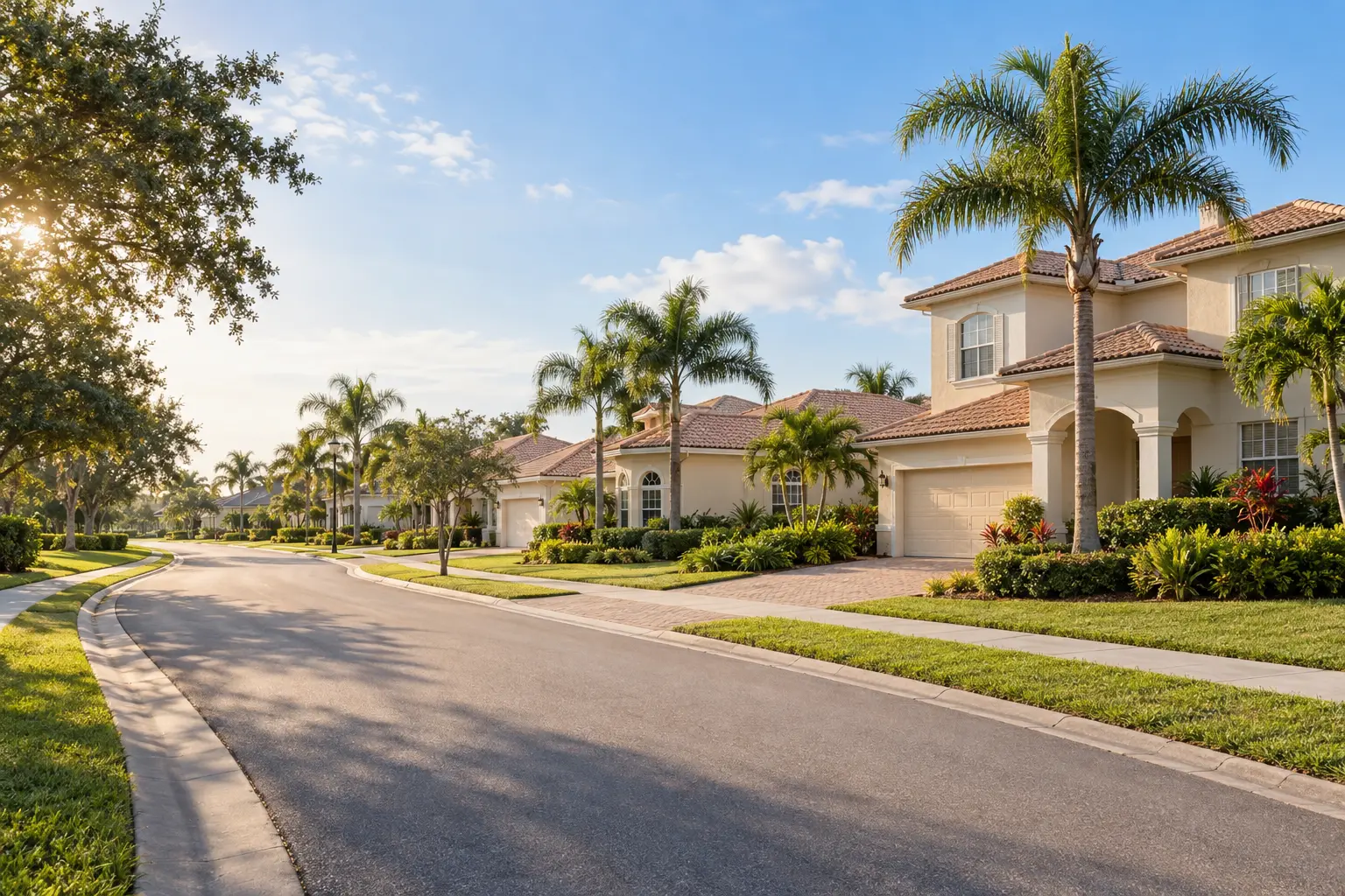Illustrative Orlando-area resort-community streetscape with stucco homes, palm trees, landscaped lawns and a gently curving residential street.