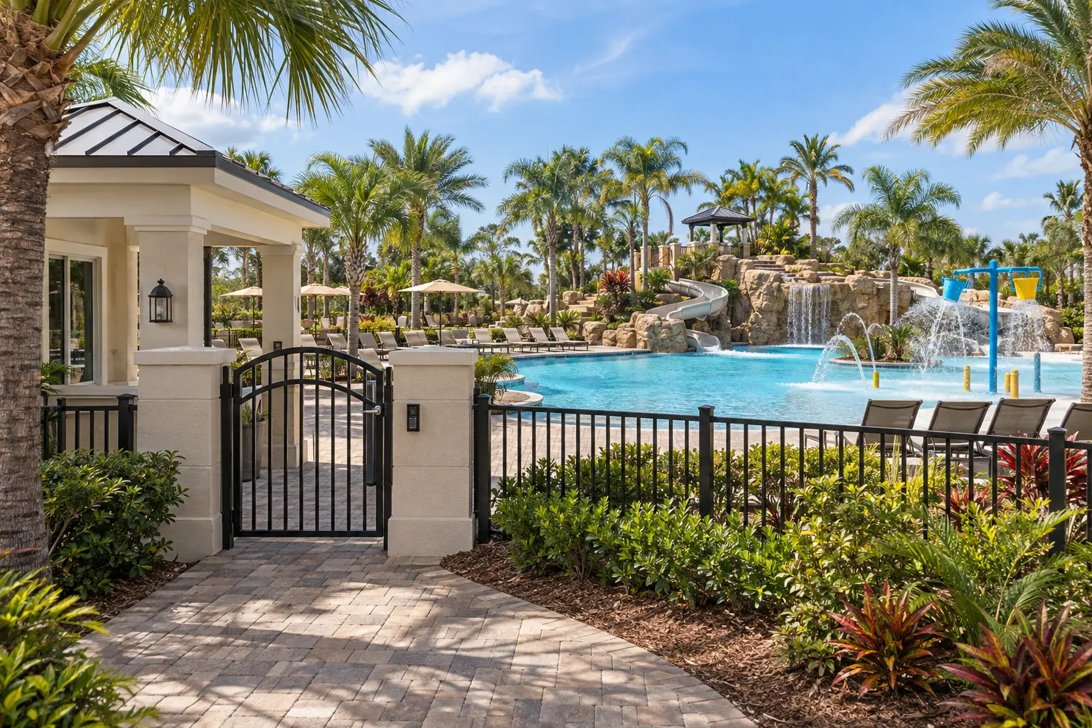 Illustrative Orlando-area resort water park with pools, palms and a gated entrance, highlighting the distinction between amenities and access.