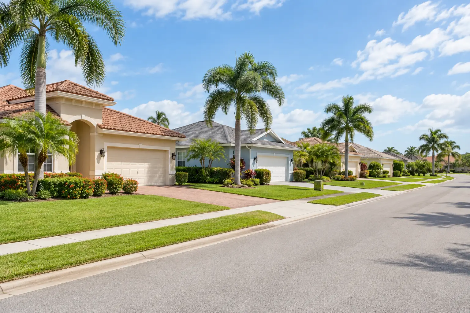 Sunny Cape Coral residential street with palm trees and a mix of single-family homes.