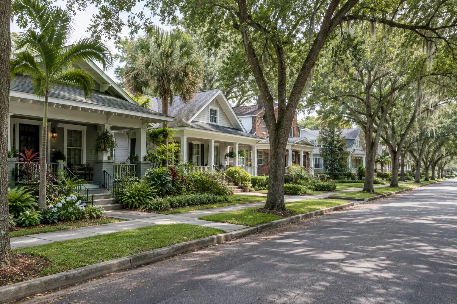 Tree-lined residential street in Tampa’s Hyde Park, with historic-style bungalows and revival-style homes set behind landscaped front gardens.
