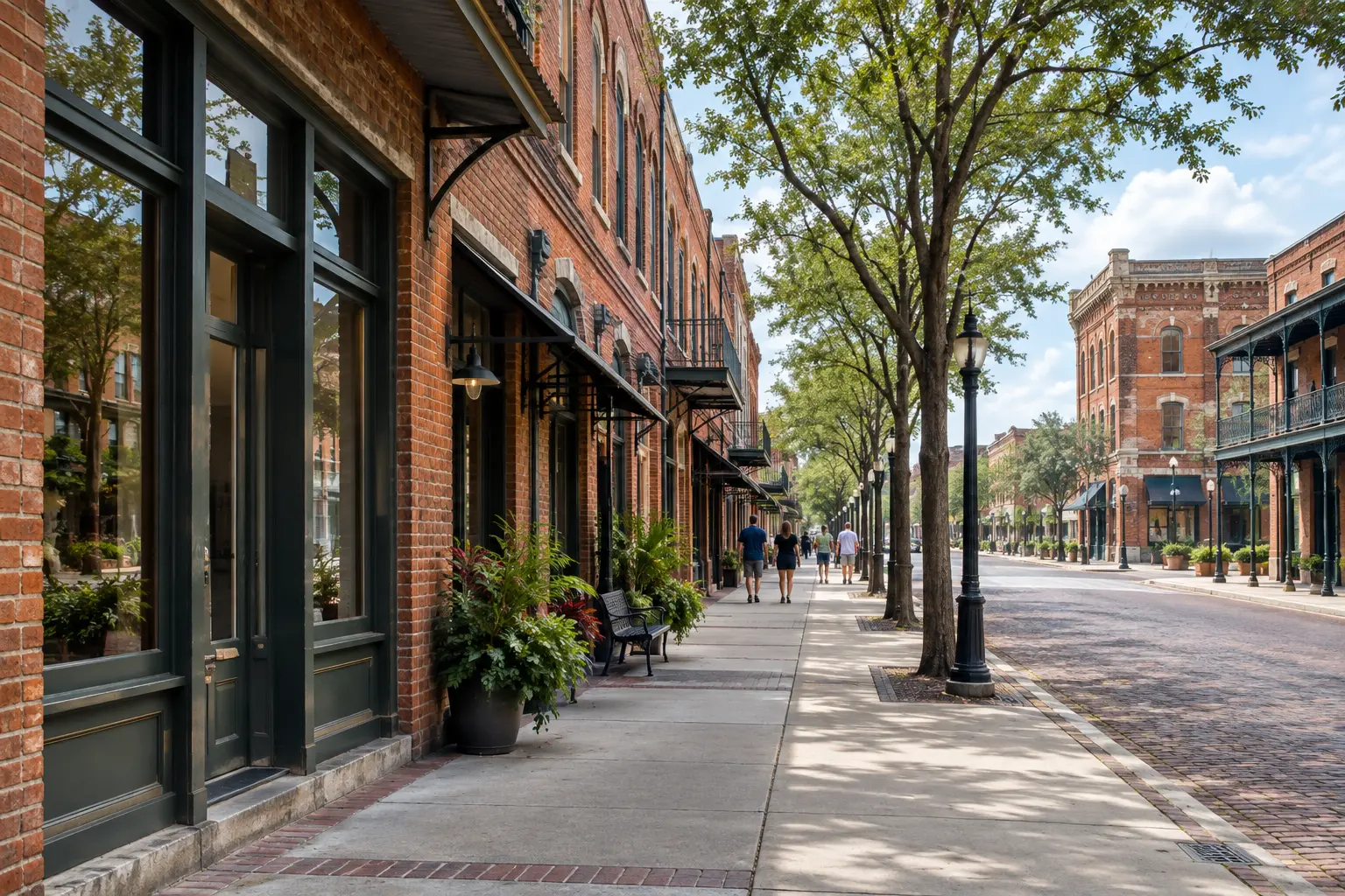 Sidewalk-level view down a pedestrian-scale Ybor City street in Tampa, with historic brick buildings, warm daylight and a few people in the distance.