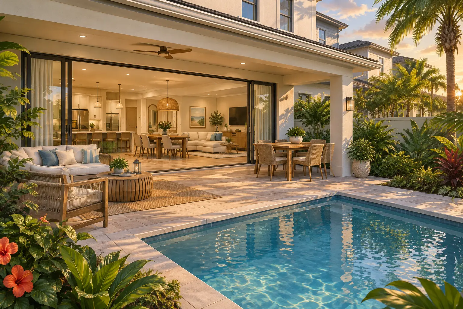 Illustration of a contemporary Florida-style home with a private pool and patio, showing how the indoor living area connects to the outdoor space.