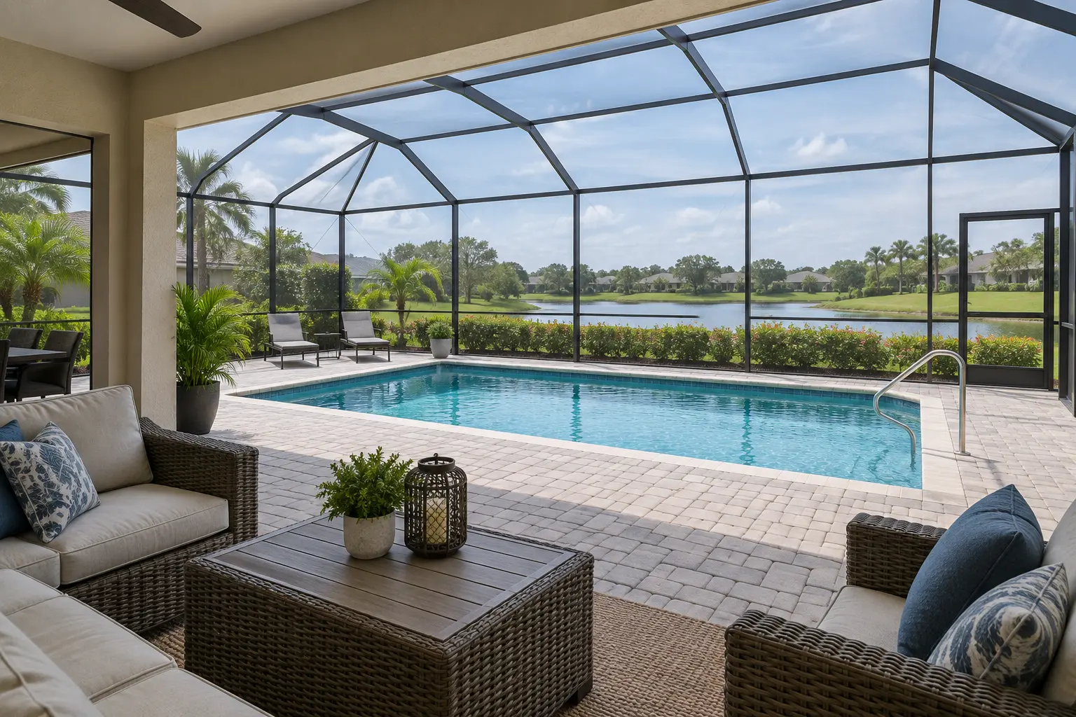 A private pool and paved deck inside a screened enclosure, viewed from a Florida home's shaded covered terrace with outdoor seating.