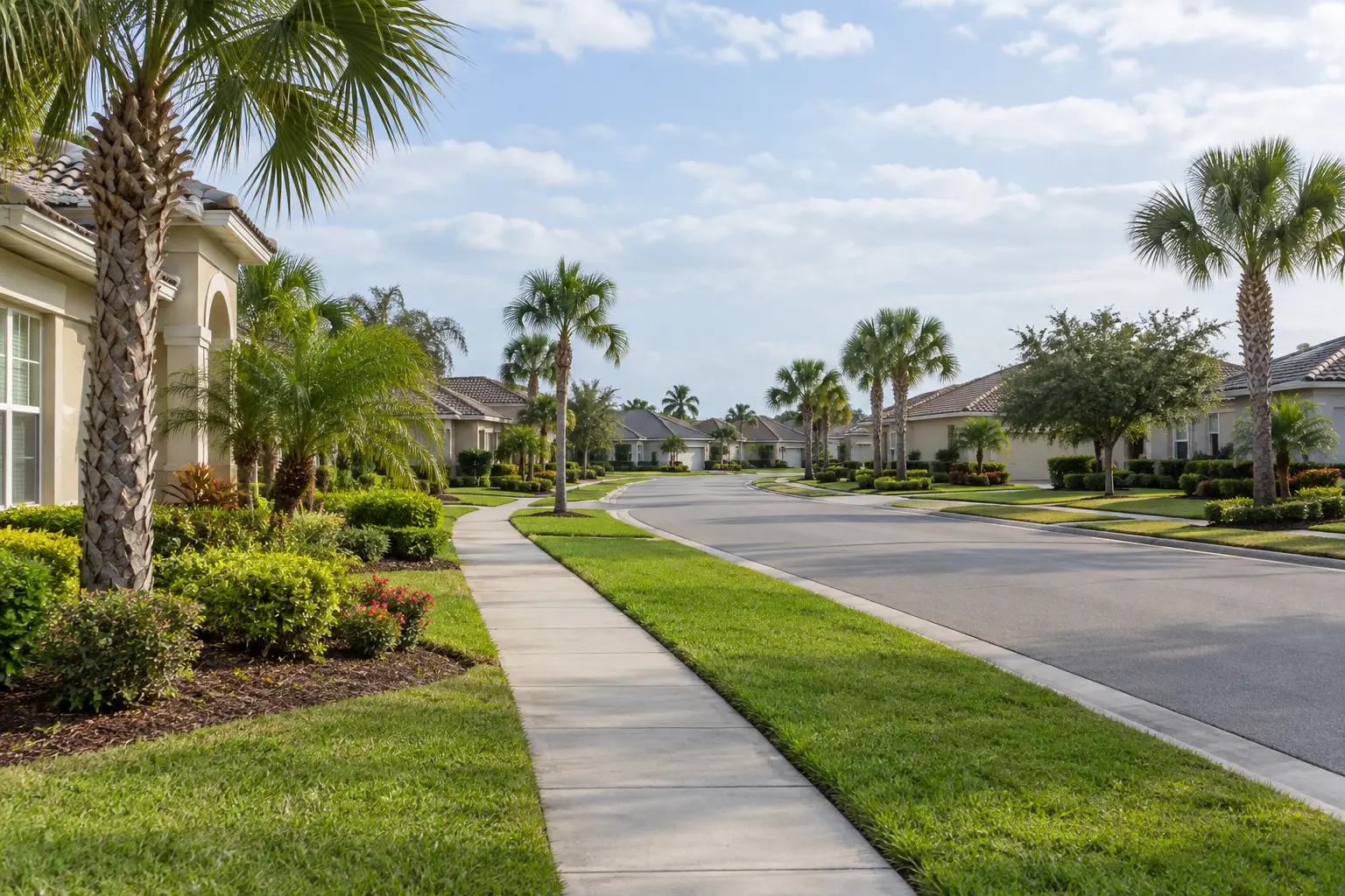 Quiet Central Florida villa streetscape with sidewalks, maintained lawns, planting beds, palms and stucco homes in the background.