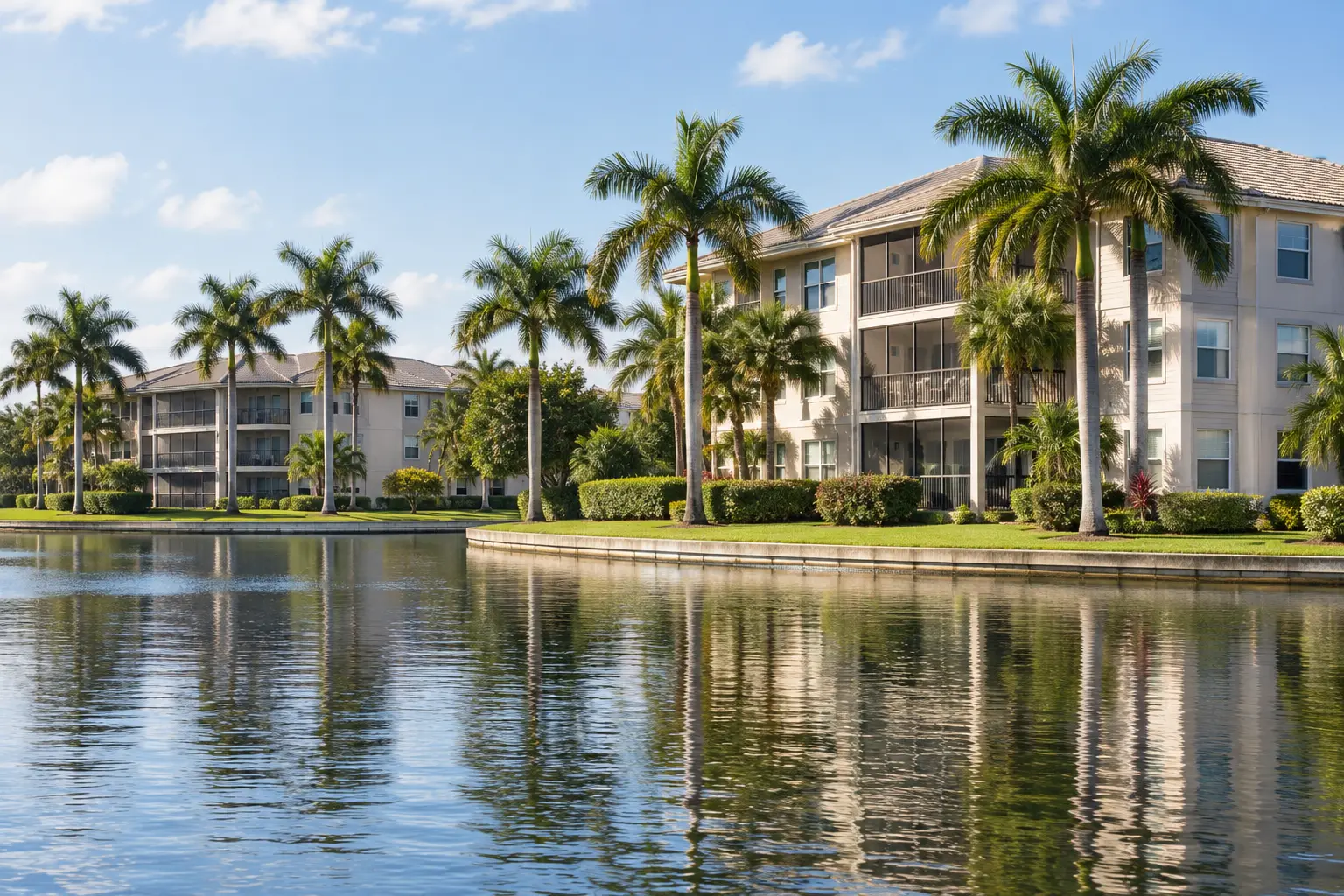 Cape Coral-style condominium residences and palm trees viewed across a calm canal in afternoon light.