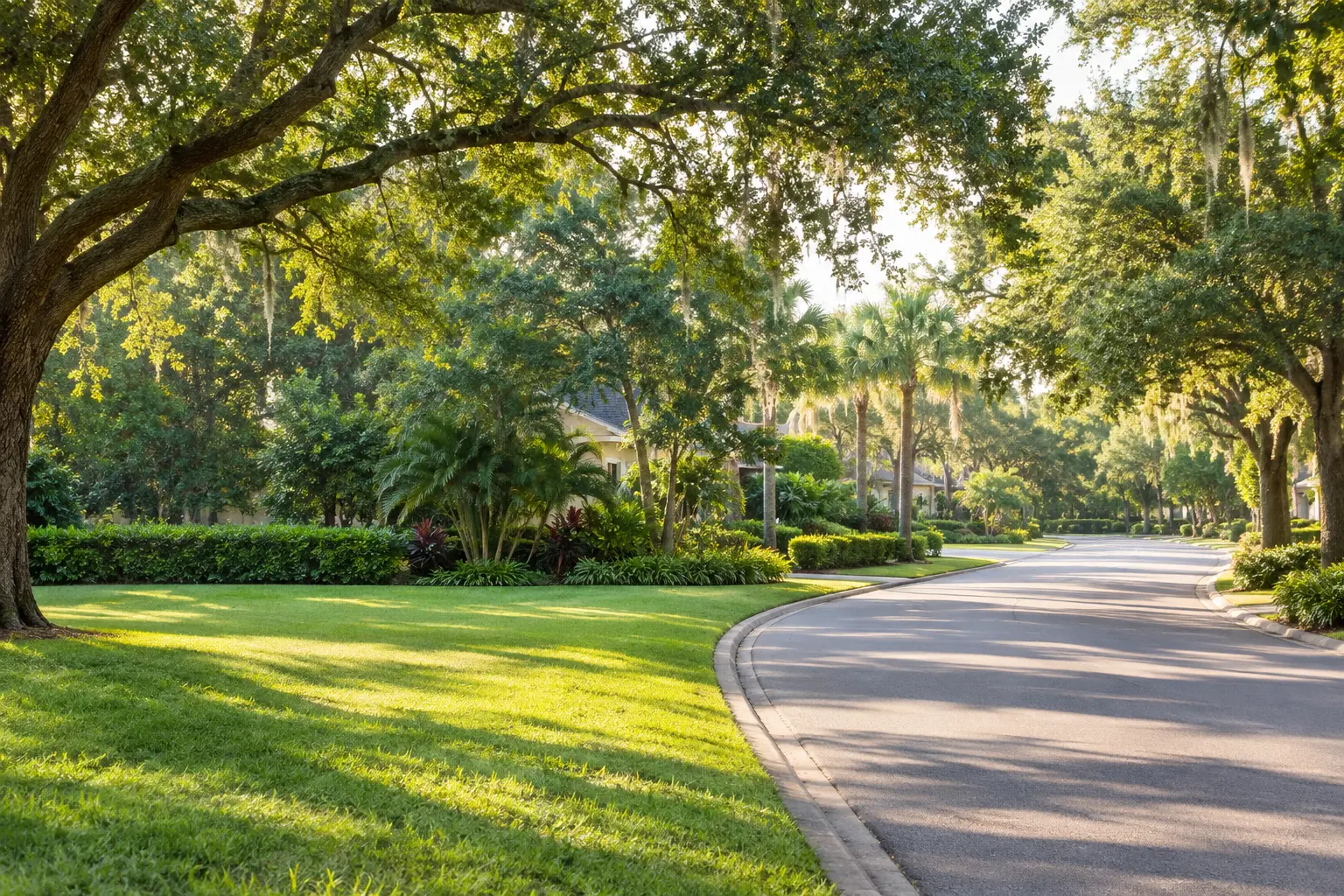 Quiet, tree-lined residential street with lush greenery and warm morning light, evocative of Windermere, Florida.