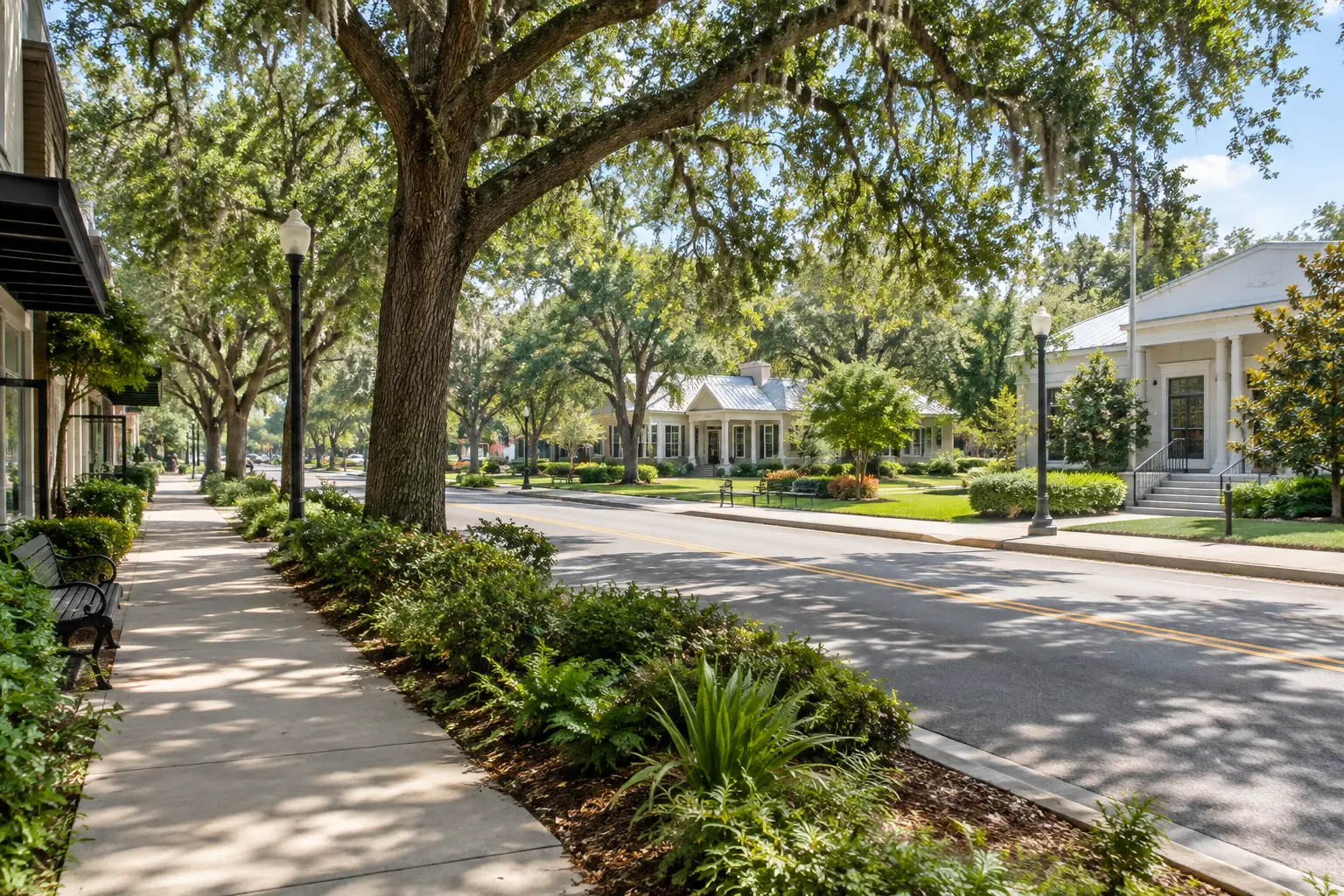 Tree-shaded small-town Main Street scene in Windermere, Florida, with sidewalks and modest civic-scale buildings in late-morning light.
