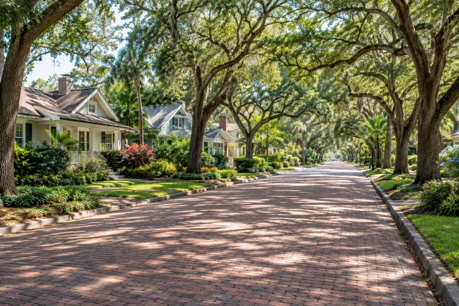 Shaded brick-paved residential street in Winter Park, Florida, with mature trees, landscaped gardens and historic homes visible beyond the canopy.