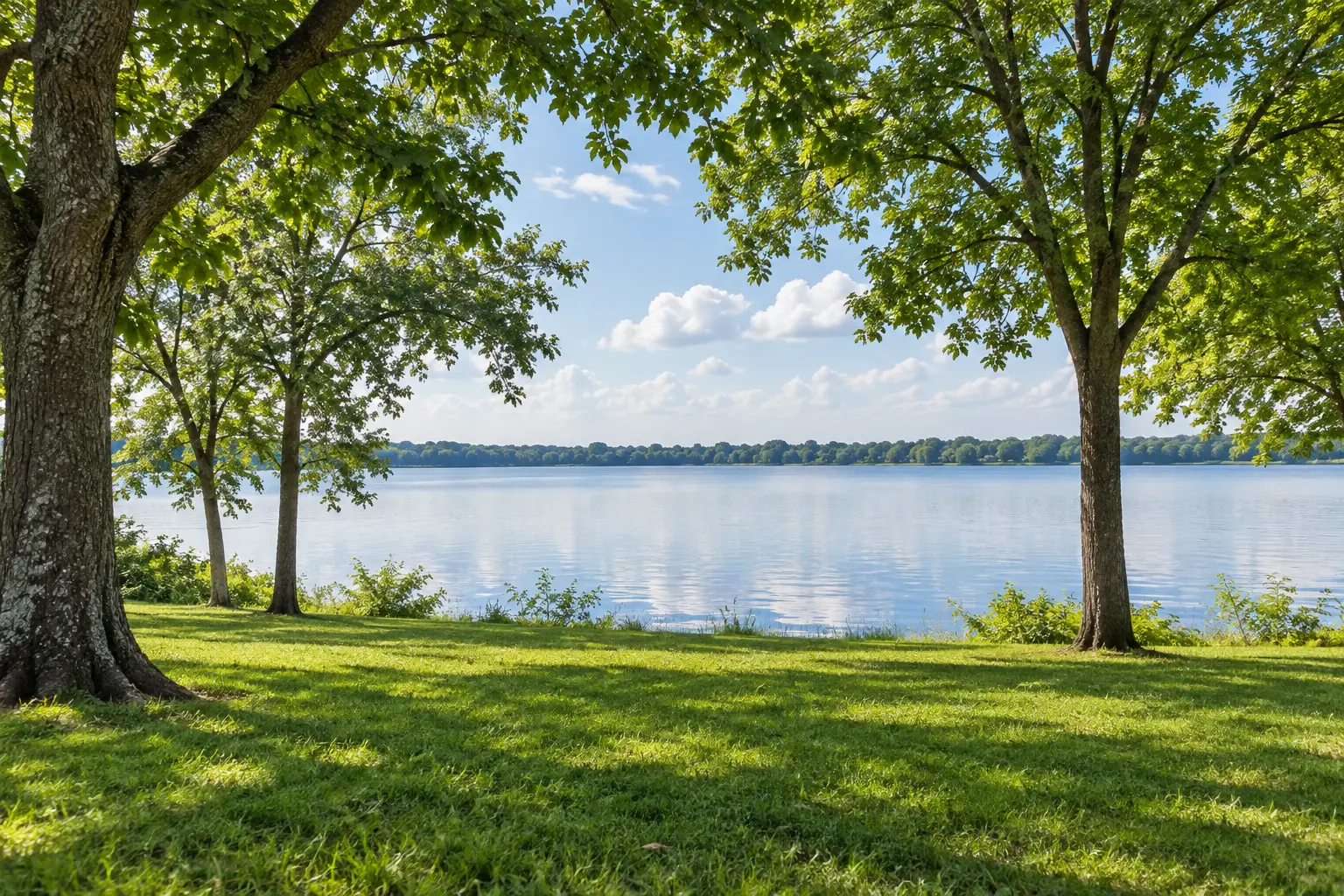 Illustration of a grassy public park shaded by mature trees, with a view across Starke Lake in Ocoee.