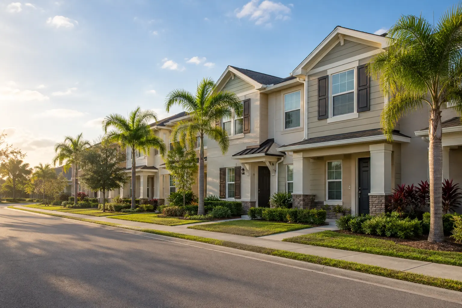 Illustrative street-level view of landscaped townhomes in a calm Central Florida residential setting.