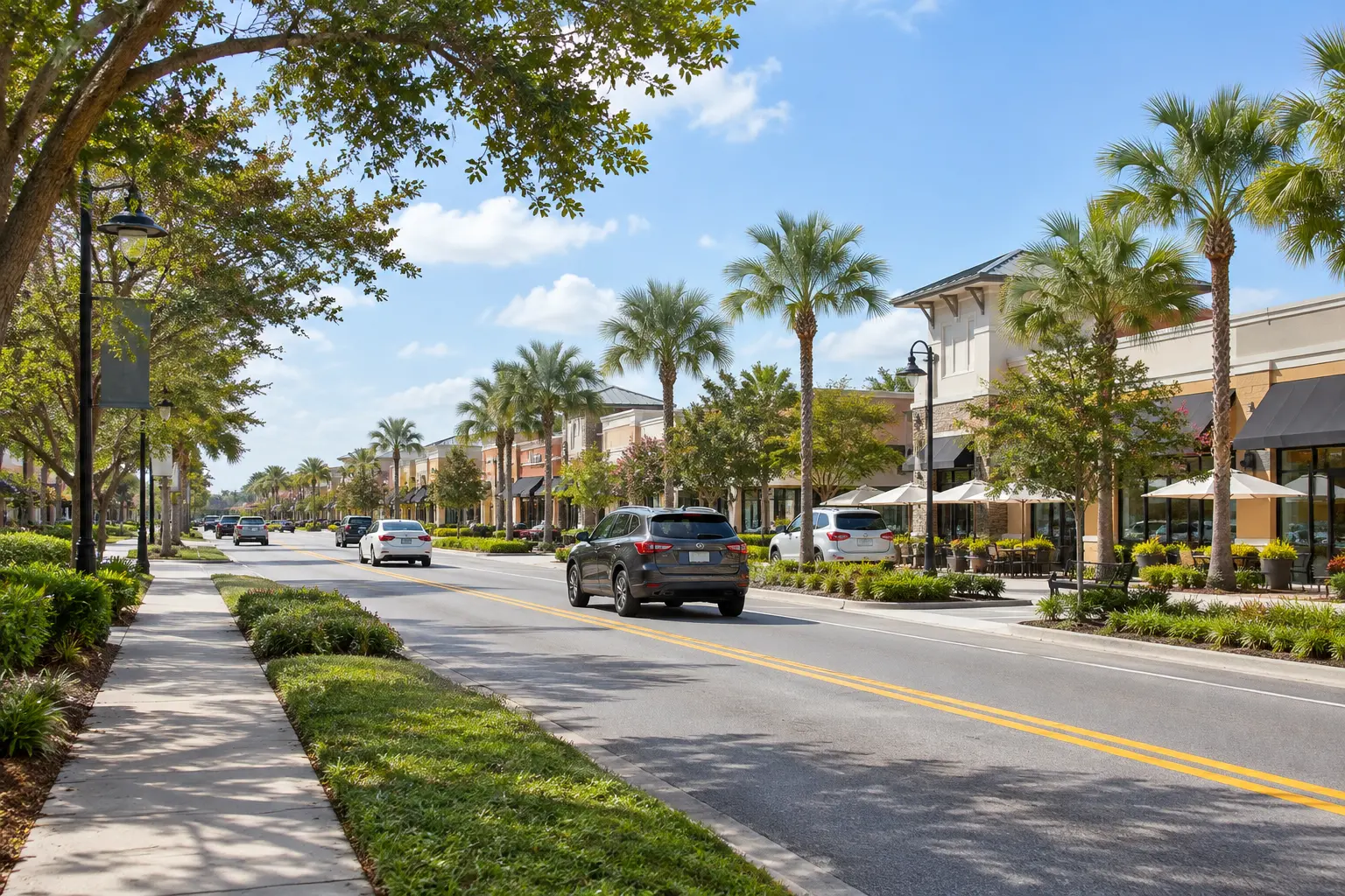 Illustrative Central Florida boulevard with palm-lined sidewalks, landscaped verges and low-rise shops in clear daylight.