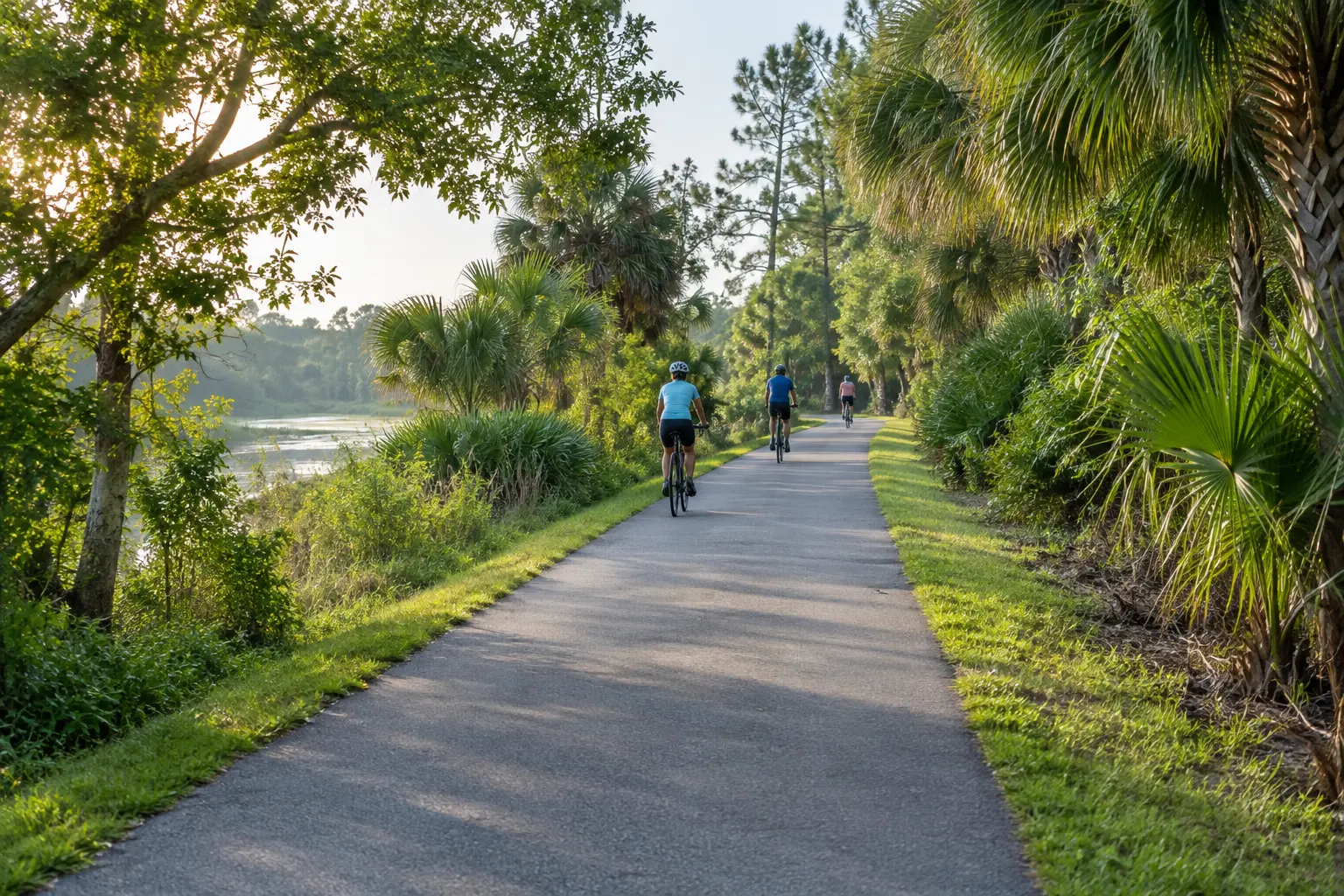 Paved trail winding through lush Florida greenery, with a few helmeted adults cycling in the distance.