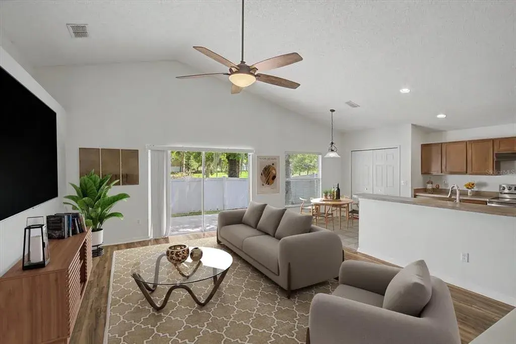 Open Living Space with Vaulted Ceilings- Virtual Stage