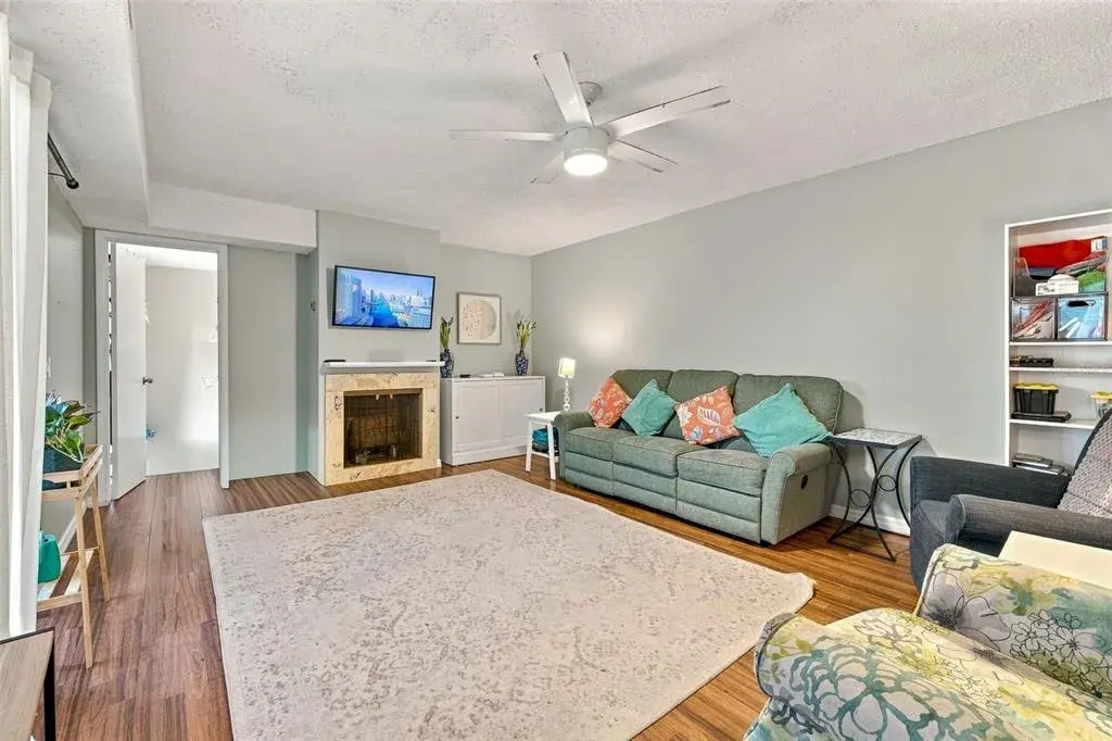 Generous sized LR with cozy fireplace and built-in storage