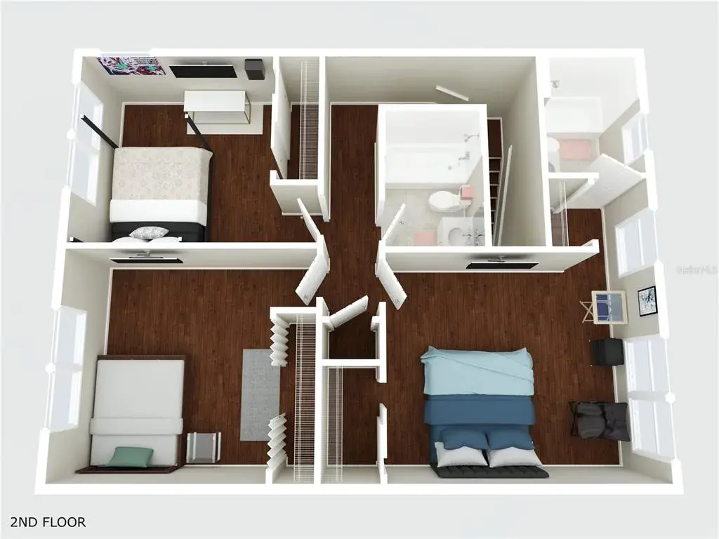 Three bedrooms and two full bathrooms upstaris