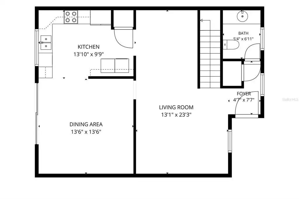 Kitchen, living, dining, sitting room, and half bath downstairs