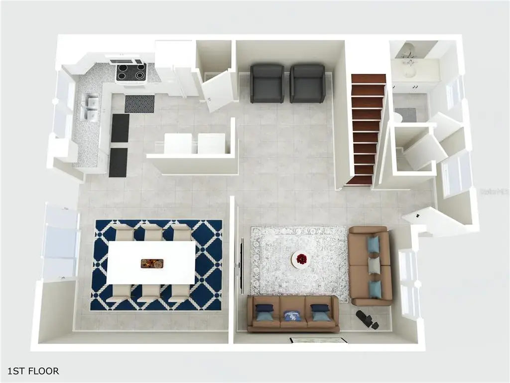 Kitchen, living, dining, sitting room, and half bath downstairs