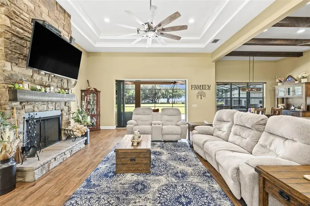 great room with blue tooth speakers integrated in recessed lights
