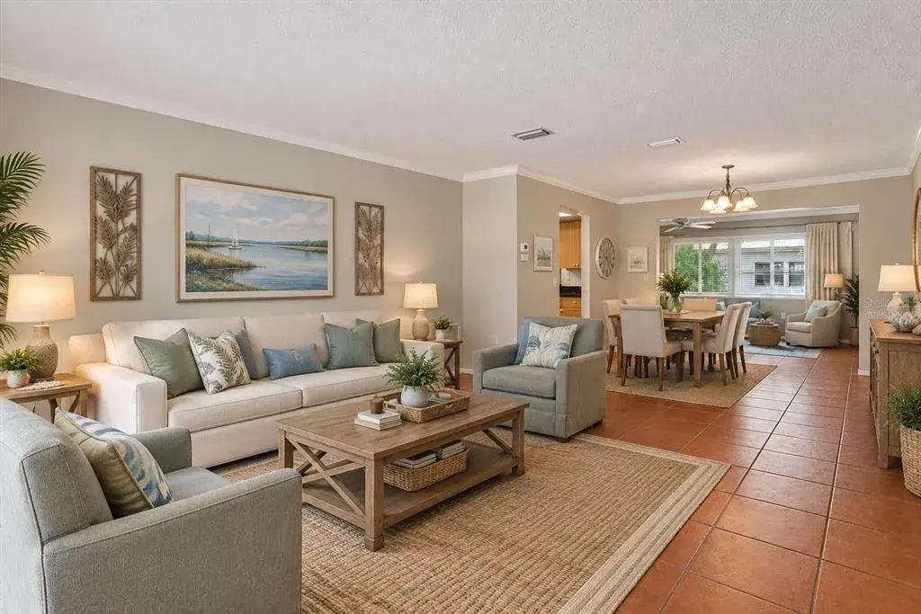 Virtually staged living and dining area