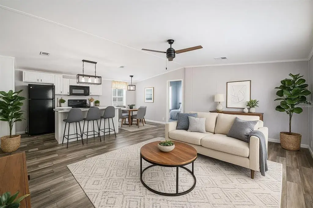 Open Floor Plan, living room/dining room/ kitchen. Virtually Staged.