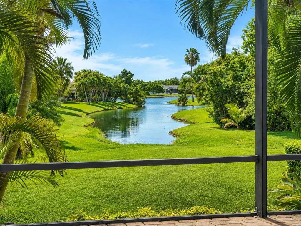 Peaceful tropical water views framed by lush palms and beautifully maintained landscaping
