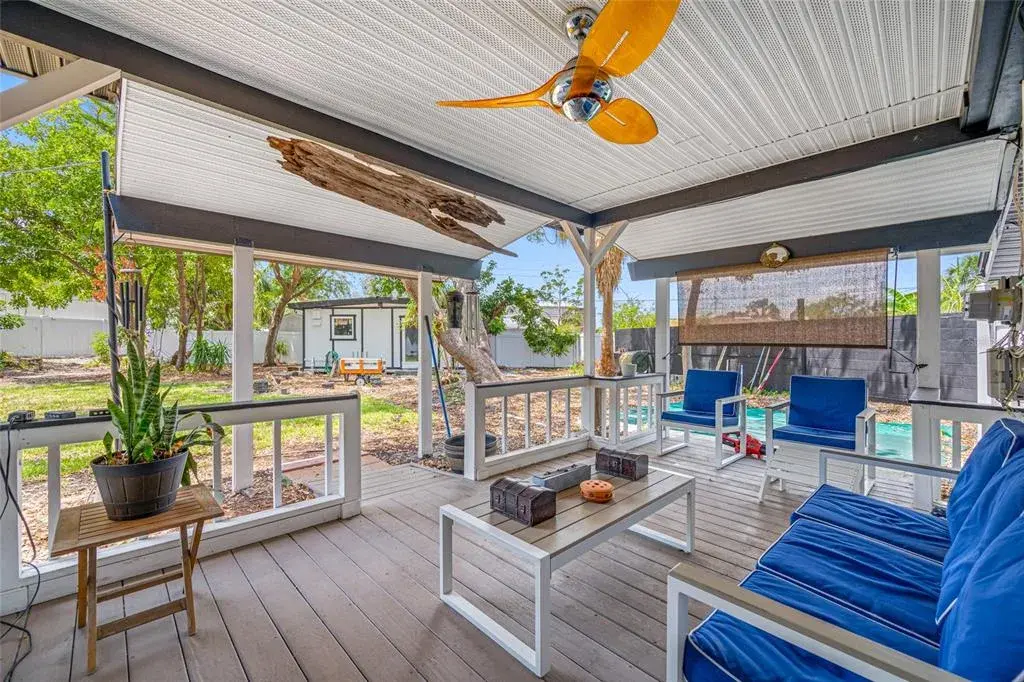 Cozy back porch with garden view