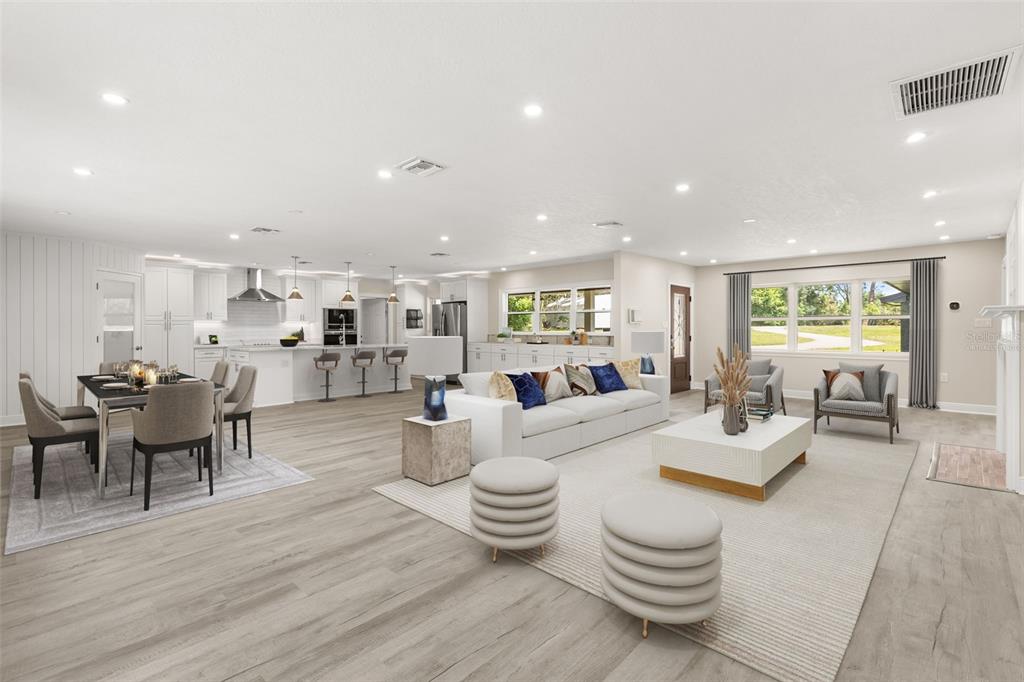 Great Room virtually staged: Entry, Living Room, Dining Room, Kitchen