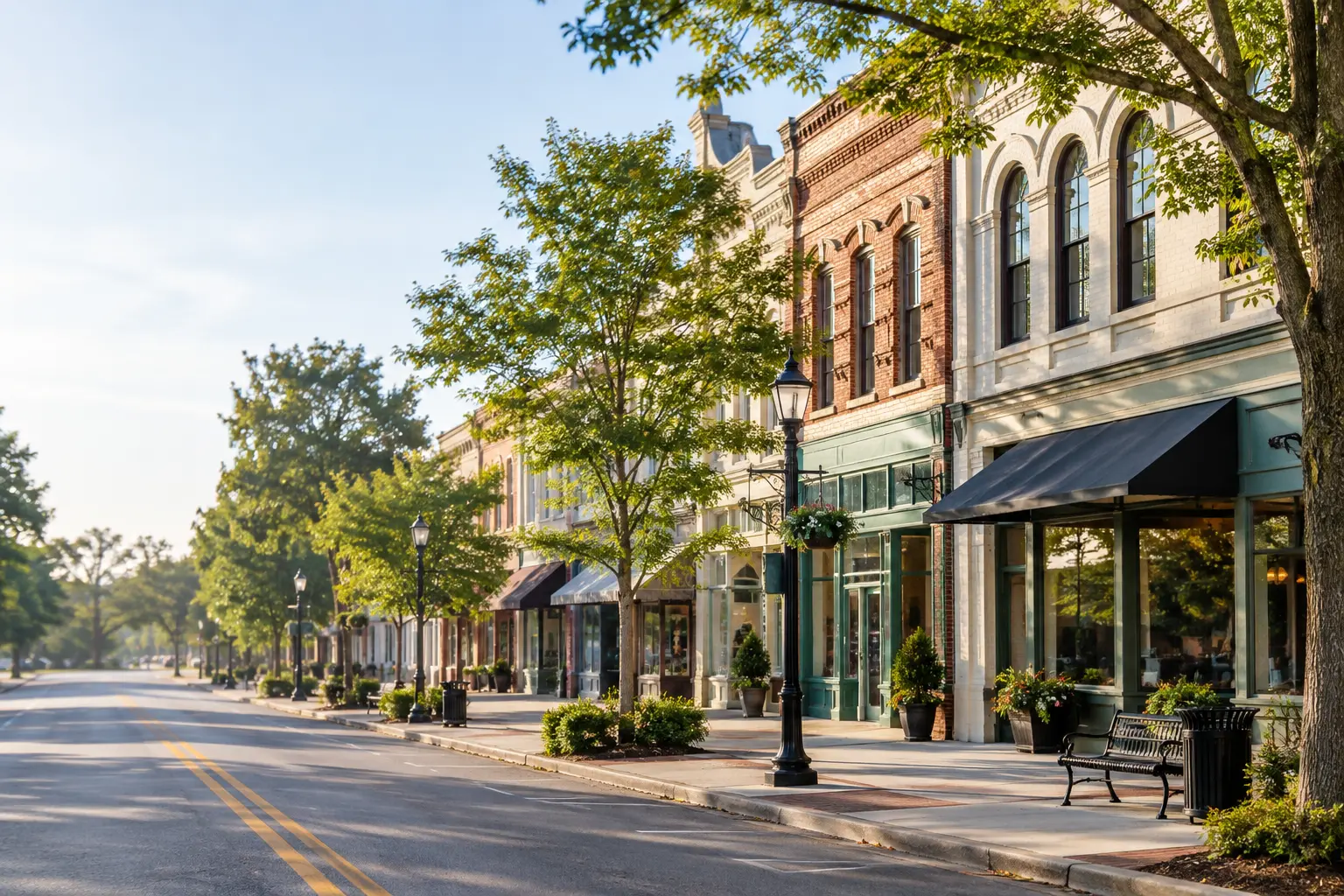 Historic downtown Ocala streetscape with older storefront facades and sidewalks in warm morning light.
