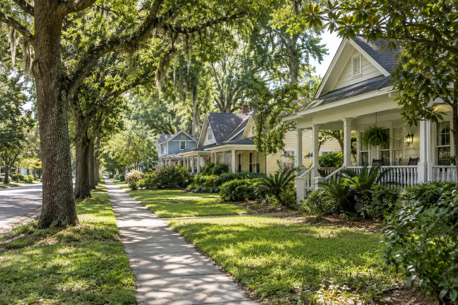 A quiet, tree-lined residential street in Ocala, Florida, with older homes and shaded sidewalks in afternoon light.