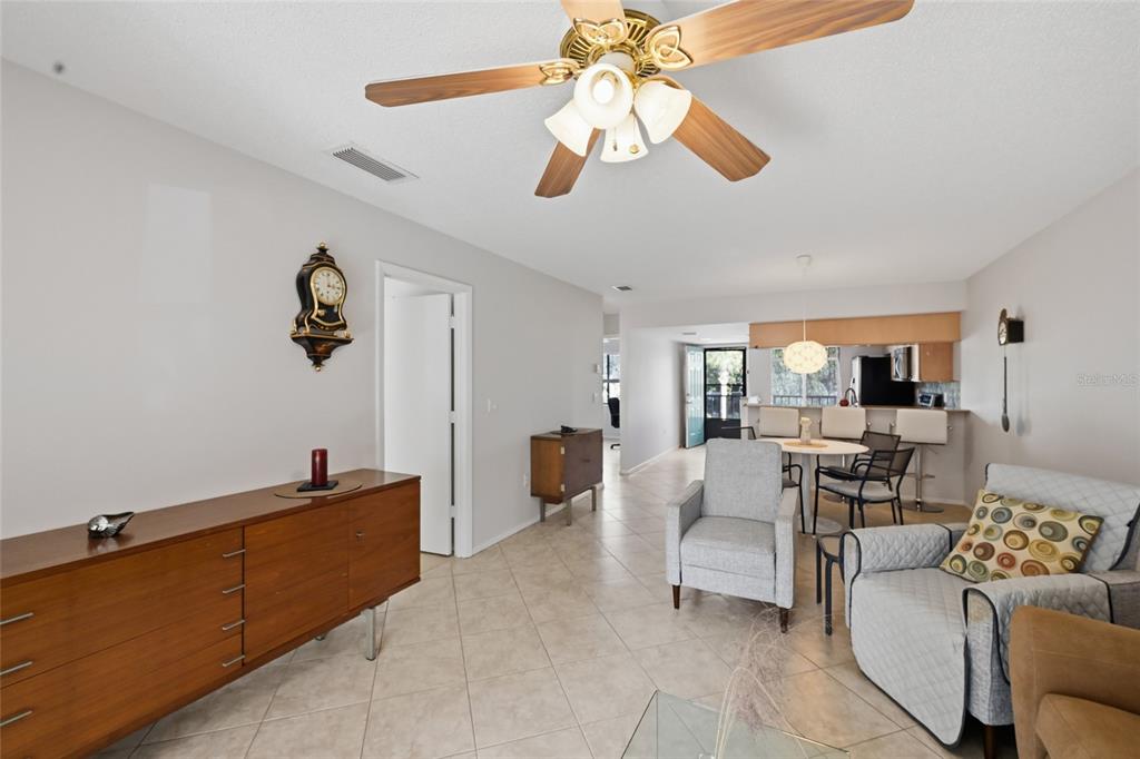 Open floor plan with easy care tile flooring.