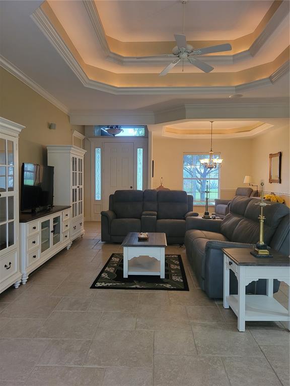 Living Room with tray ceilings