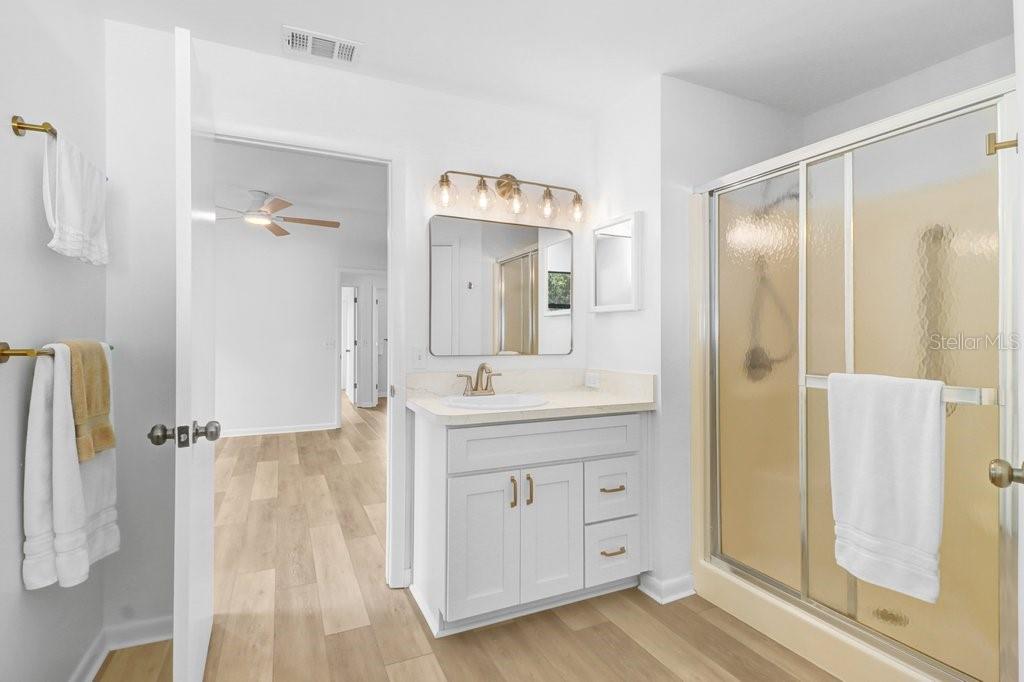 Primary Bath with step in shower, separate toilet closet and large walk in closet. New vanity, mirror, lighting and toilet.