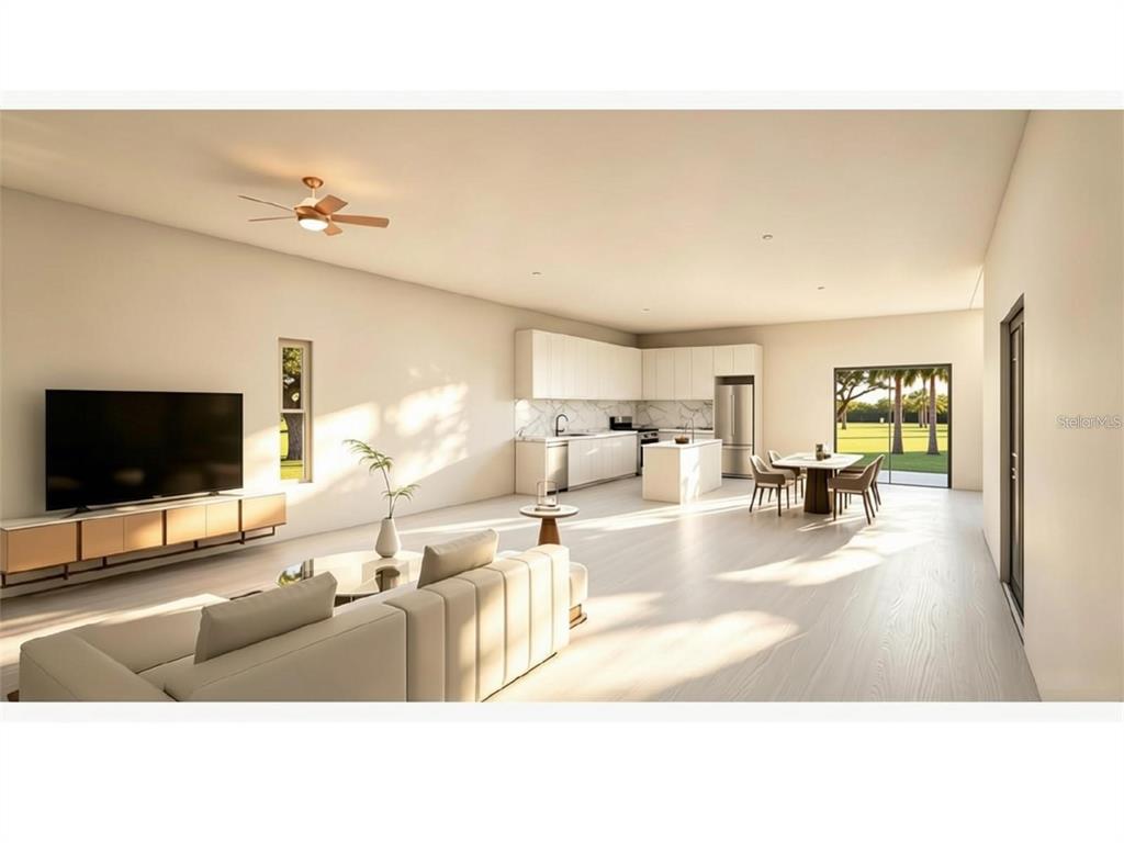 Open floorpan, living room, dining room and kitchen