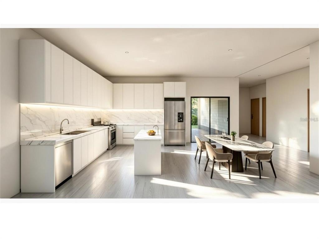 Open floorpan, kitchen and dining room