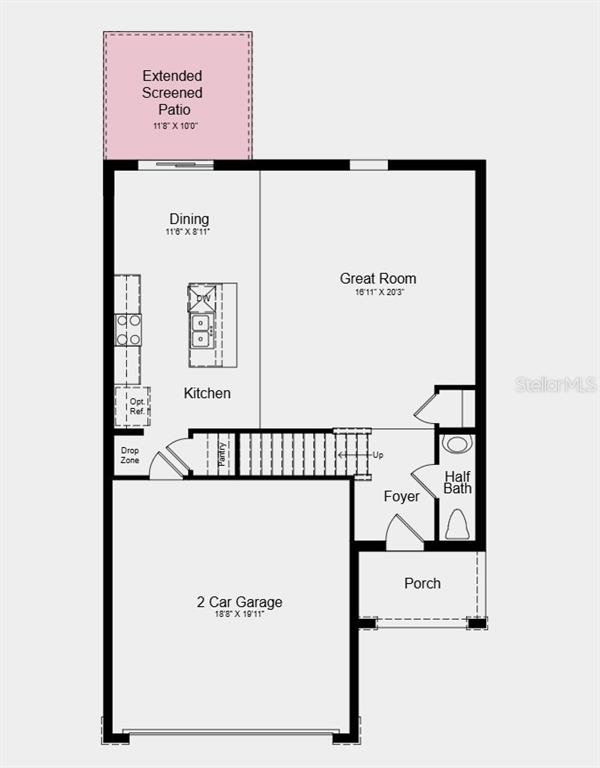 First Floor Plan - Additional Highlights Include: GE refrigerator, washer and dryer, extended LVP flooring on the first floor, window blinds throughout, and vertical blinds on the sliding glass door