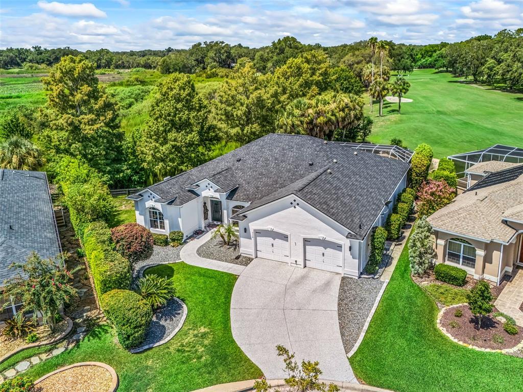 Aerial perspective captures the home's generous footprint, established landscaping, spacious homesite, and picturesque green surroundings.